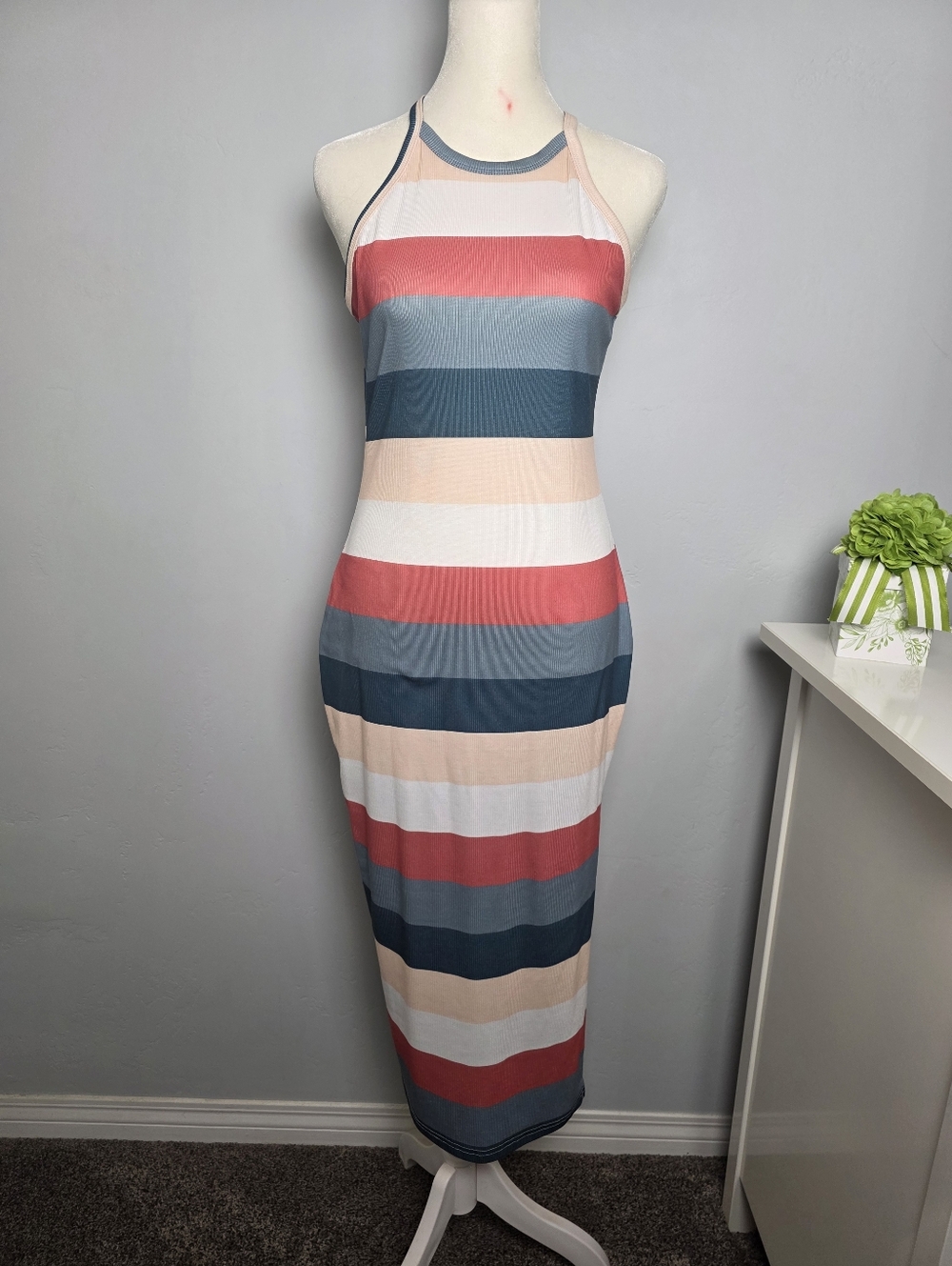 Striped Halter Bodycon Midi Dress Size S